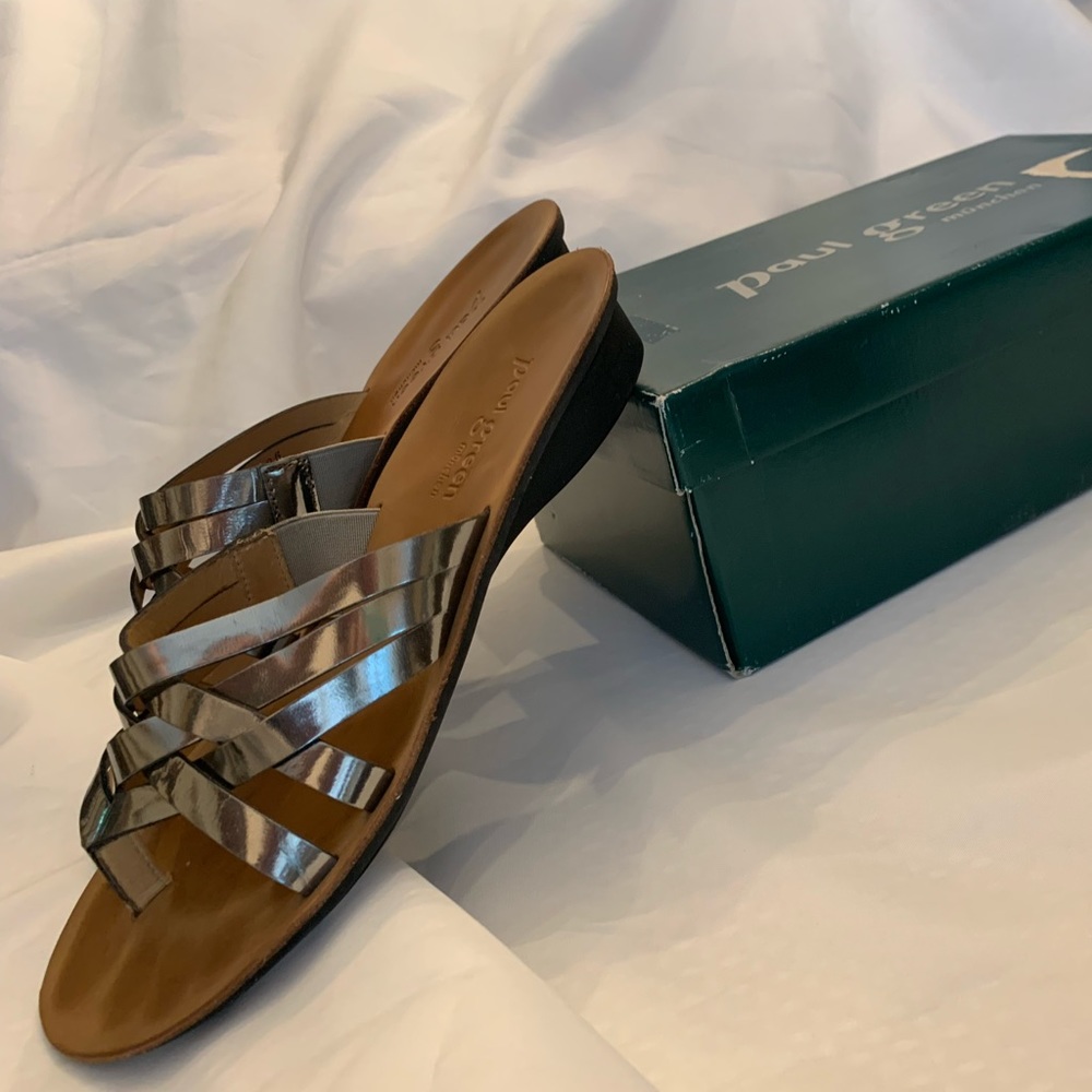 Paul Green Silver Leather Low Wedge Sandal Size 71/2